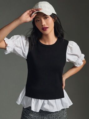 Anthropologie Layered Poplin-Sleeved Sweater